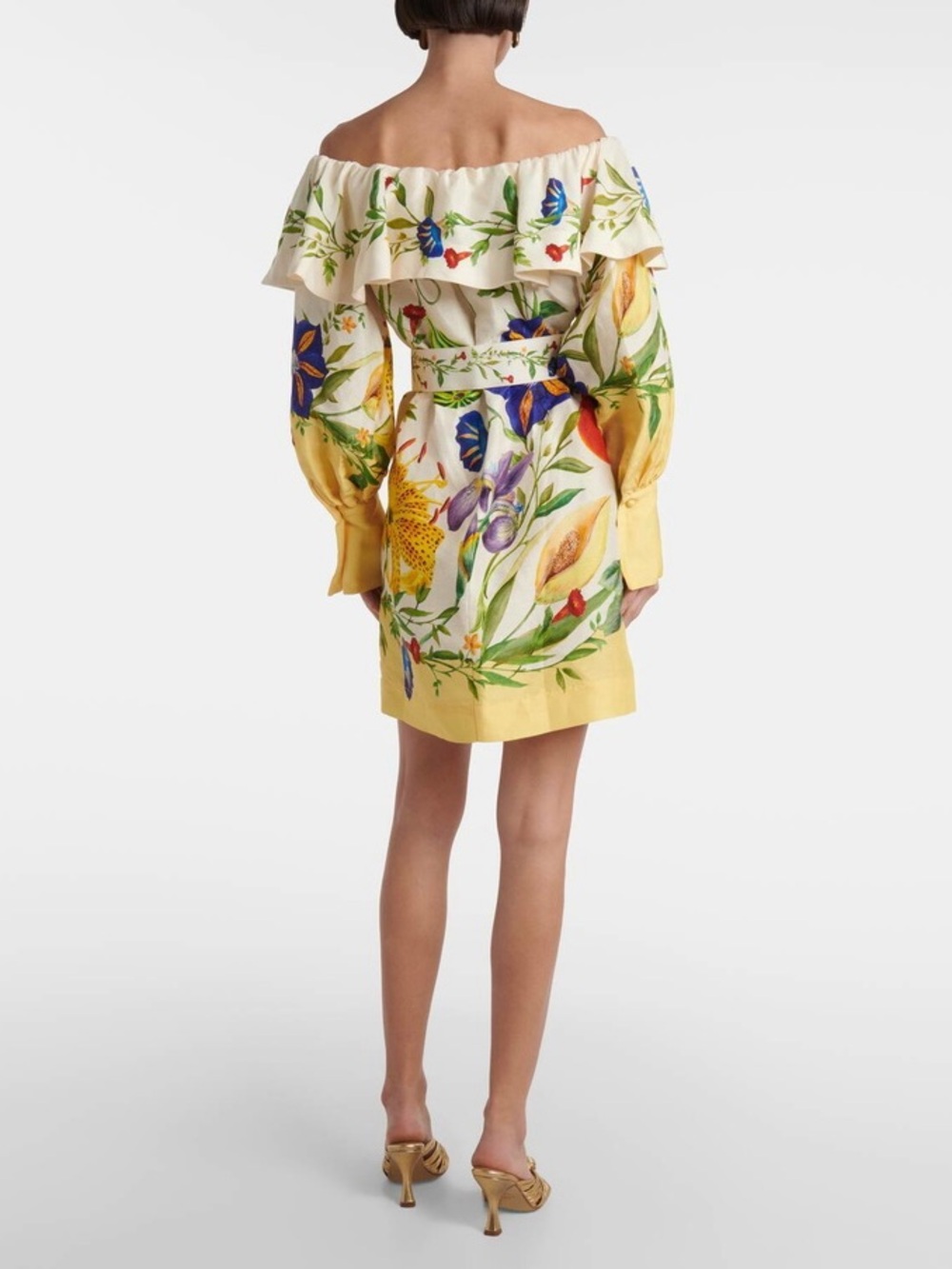 Off-Shoulder Floral Fruit Print Mini Dress in Yellow and Cream - Picture 3 of 7
